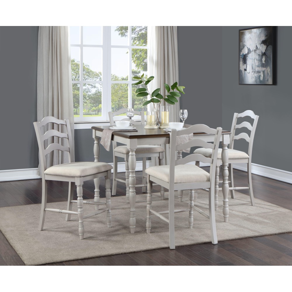 Acme Bettina 5Pc Counter Height Table Set Beige Fabric, Antique White & Weathered Oak Finish Dn01439(D0102H71F3J)