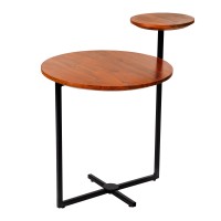 Geo Collection 21 Inch Round Acacia Wood Accent End Table With 2 Tier Tabletops, Brown, Black(D0102H71T2X)