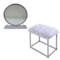 Acme Adao Vanity Mirror & Stool, Faux Fur, Mirror, White & Chrome Finish Ac00935(D0102H7C1P2)