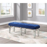 Acme Varian Tufted Upholstered Bench In Blue Velvet And Mirrored