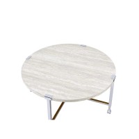 Acme Brecon Round Wooden Top Coffee Table In White Oak And Chrome