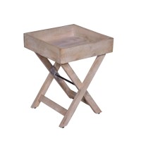 22 Inch Farmhouse Square Tray Top End Table, Mango Wood, X Shape Foldable Frame, Washed White(D0102H7Ul2P)