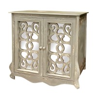 Storage Console With 2 Doors And Scrolled Mirror Trim, Antique White And Silver(D0102H7Ulx8)