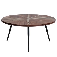 Dunawest 31 Inch Round Mango Wood Coffee Table, Sunburst Design, Tapered Iron Legs, Brown, Black(D0102Hae87G.)