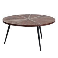 Dunawest 31 Inch Round Mango Wood Coffee Table, Sunburst Design, Tapered Iron Legs, Brown, Black(D0102Hae87G.)