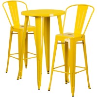 Commercial Grade 24 Round Yellow Metal Indoor-Outdoor Bar Table Set With 2 Cafe Stools