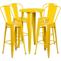 Commercial Grade 24 Round Yellow Metal Indoor-Outdoor Bar Table Set With 4 Cafe Stools