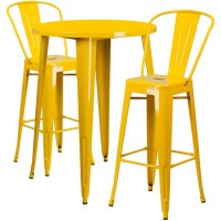 Commercial Grade 30 Round Yellow Metal Indoor-Outdoor Bar Table Set With 2 Cafe Stools