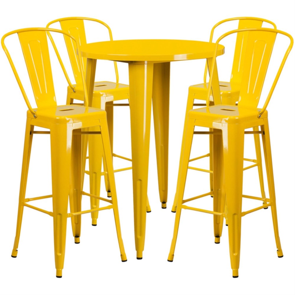 Commercial Grade 30 Round Yellow Metal Indoor-Outdoor Bar Table Set With 4 Cafe Stools