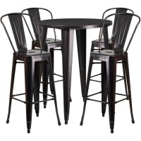 Commercial Grade 30 Round Black-Antique Gold Metal Indoor-Outdoor Bar Table Set With 4 Cafe Stools