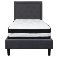 Roxbury Twin Size Tufted Upholstered Platform Bed In Dark Gray Fabric With Pocket Spring Mattress