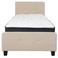 Tribeca Twin Size Tufted Upholstered Platform Bed In Beige Fabric With Pocket Spring Mattress