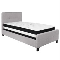 Tribeca Twin Size Tufted Upholstered Platform Bed In Light Gray Fabric With Pocket Spring Mattress