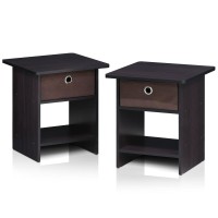 Furinno 2-10004Dwn End Table/ Night Stand Storage Shelf With Bin Drawer, Dark Walnut, Set Of Two