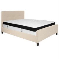 Tribeca Full Size Tufted Upholstered Platform Bed In Beige Fabric With Memory Foam Mattress