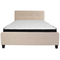 Tribeca Queen Size Tufted Upholstered Platform Bed In Beige Fabric With Memory Foam Mattress