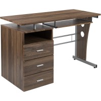 Rustic Walnut Desk With Three Drawer Pedestal And Pull-Out Keyboard Tray