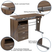 Rustic Walnut Desk With Three Drawer Pedestal And Pull-Out Keyboard Tray