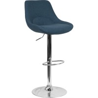 Contemporary Blue Fabric Adjustable Height Barstool With Chrome Base