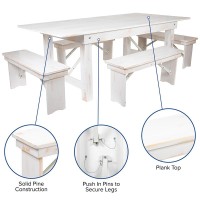 Hercules Series 7' X 40 Antique Rustic White Folding Farm Table And Four Bench Set