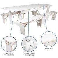 Hercules Series 8' X 40 Antique Rustic White Folding Farm Table And Four 40.25L Bench Set