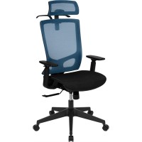Ergonomic Mesh Office Chair With Synchro-Tilt, Pivot Adjustable Headrest, Lumbar Support, Coat Hanger & Adjustable Arms-Blue/Black
