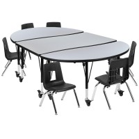 Mobile 76 Oval Wave Flexible Laminate Activity Table Set With 14 Student Stack Chairs, Grey/Black