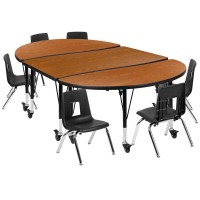 Mobile 76 Oval Wave Flexible Laminate Activity Table Set With 14 Student Stack Chairs, Oak/Black