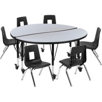 Mobile 47.5 Circle Wave Flexible Laminate Activity Table Set With 14 Student Stack Chairs, Grey/Black