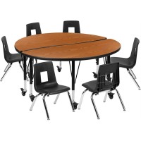 Mobile 47.5 Circle Wave Flexible Laminate Activity Table Set With 14 Student Stack Chairs, Oak/Black