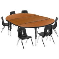 76 Oval Wave Flexible Laminate Activity Table Set With 14 Student Stack Chairs, Oak/Black