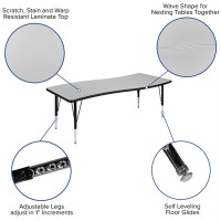 86 Oval Wave Flexible Laminate Activity Table Set With 14 Student Stack Chairs, Grey/Black
