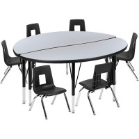 47.5 Circle Wave Flexible Laminate Activity Table Set With 14 Student Stack Chairs, Grey/Black