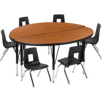 47.5 Circle Wave Flexible Laminate Activity Table Set With 14 Student Stack Chairs, Oak/Black