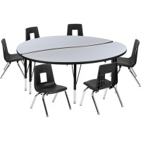 60 Circle Wave Flexible Laminate Activity Table Set With 14 Student Stack Chairs, Grey/Black