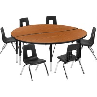 60 Circle Wave Flexible Laminate Activity Table Set With 14 Student Stack Chairs, Oak/Black