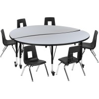 Mobile 60 Circle Wave Flexible Laminate Activity Table Set With 14 Student Stack Chairs, Grey/Black