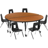 Mobile 60 Circle Wave Flexible Laminate Activity Table Set With 14 Student Stack Chairs, Oak/Black