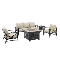 Kaplan 5Pc Outdoor Metal Sofa Set W/Fire Table Oatmeal/Oil Rubbed Bronze - Sofa, Side Table, Tucson Fire Table, & 2 Chairs