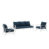 Kaplan 3Pc Outdoor Metal Sofa Set Navy/White - Sofa & 2 Arm Chairs