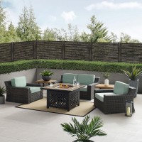 Beaufort 6Pc Outdoor Wicker Conversation Set W/Fire Table Mist/Brown - Tucson Fire Table, Loveseat, 2 Side Tables, & 2 Chairs