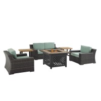 Beaufort 6Pc Outdoor Wicker Conversation Set W/Fire Table Mist/Brown - Tucson Fire Table, Loveseat, 2 Side Tables, & 2 Chairs