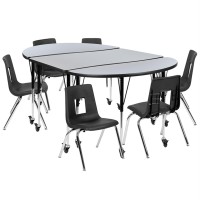 Mobile 76 Oval Wave Flexible Laminate Activity Table Set With 16 Student Stack Chairs, Grey/Black