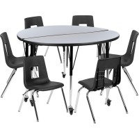 Mobile 47.5 Circle Wave Flexible Laminate Activity Table Set With 16 Student Stack Chairs, Grey/Black