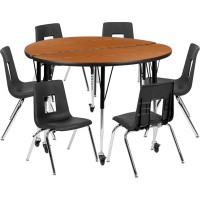 Mobile 47.5 Circle Wave Flexible Laminate Activity Table Set With 16 Student Stack Chairs, Oak/Black