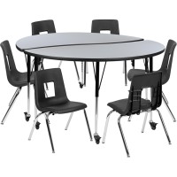 Mobile 60 Circle Wave Flexible Laminate Activity Table Set With 16 Student Stack Chairs, Grey/Black