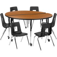 Mobile 60 Circle Wave Flexible Laminate Activity Table Set With 16 Student Stack Chairs, Oak/Black