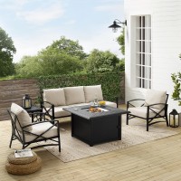 Kaplan 5Pc Outdoor Metal Sofa Set W/Fire Table Oatmeal/Oil Rubbed Bronze - Sofa, Dante Fire Table, Side Table, & 2 Arm Chairs