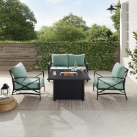 Kaplan 4Pc Outdoor Metal Conversation Set W/Fire Table Mist/Oil Rubbed Bronze - Loveseat, Dante Fire Table, & 2 Arm Chairs