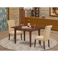 East West Furniture Nobr3-Mah-04 3 Piece Dining Room Table Set Contains A Rectangle Kitchen Table With Butterfly Leaf And 2 Light Tan Linen Fabric Parson Chairs, 32X54 Inch, Mahogany